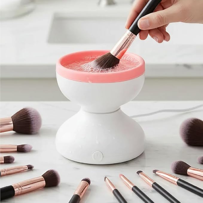 ÉCLAT Electric Makeup Brush Cleaner Machine, Remove Residue on Brush, Sponge, Powder Puffs, Cosmetic Tool Cleaner, No Batteries Needed, Portable Spinning Washer Saves Cleanser Solution (White/Pink)