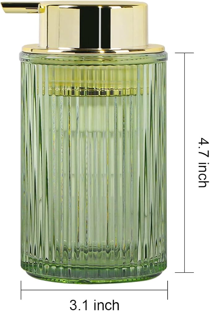 Foaming Soap Dispenser, 12 Oz Green Glass Foam Hand Soap Dispenser, Refillable Glass Foam Pump Bottle Container Decorative Slim Ribbed Bottle for Bathroom and Kitchen