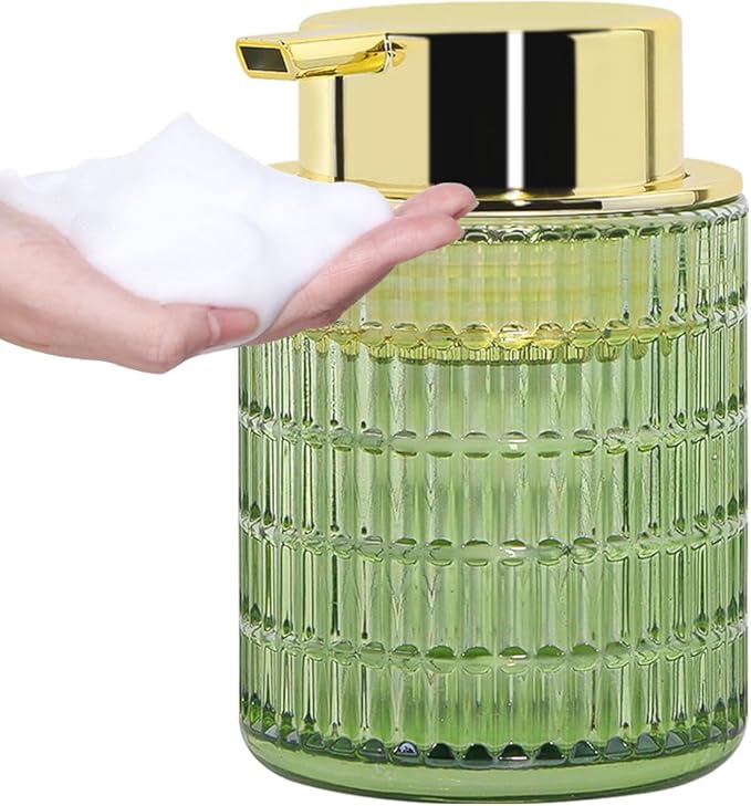 Green Foaming Soap Dispenser, Glass Foam Hand Soap Dispenser with Gold Pump, 10 Oz Refillable Liquid Lotion Pump Container Ribbed Bottle for Bathroom Countertop Decor