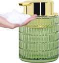 Green Foaming Soap Dispenser, Glass Foam Hand Soap Dispenser with Gold Pump, 10 Oz Refillable Liquid Lotion Pump Container Ribbed Bottle for Bathroom Countertop Decor