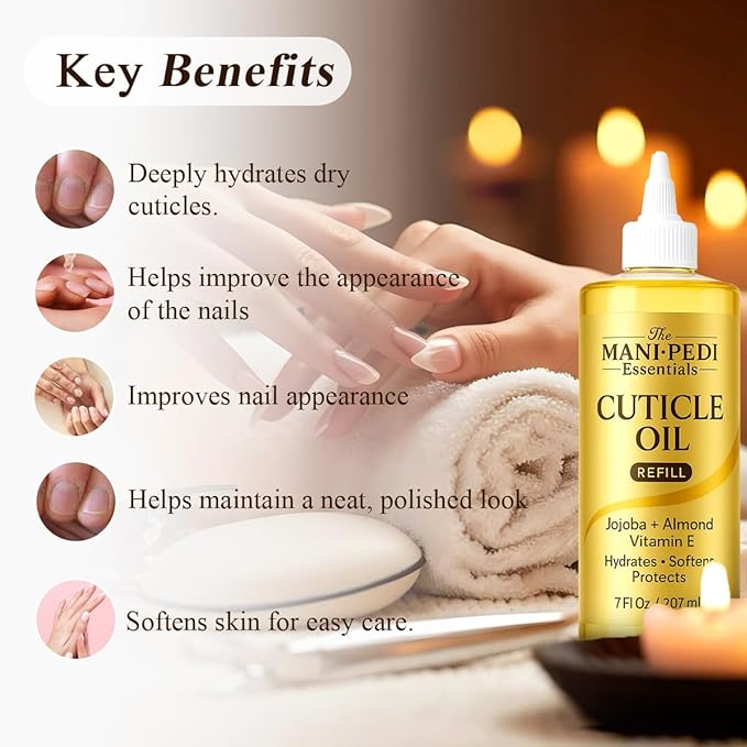 Professional Cuticle Oil Refill/Bulk Pack with precision nozzle for easy refilling - 7 Fl Oz. Enriched with Jojoba Oil, Vitamin E & Sweet Almond Oil. Nail Tech Supplies for Nourished Nails & Cuticles