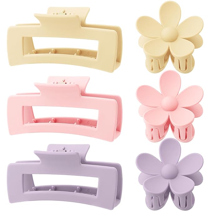 6 Pack Large Claw Clips for Women, Square & Flower Hair Clips for Thick Hair, Matte pink & purple Colors