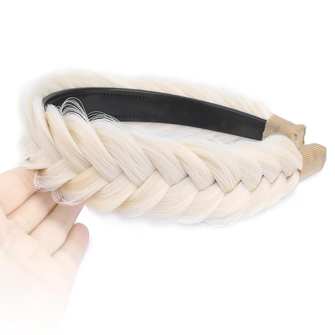 DIGUAN Wide Messy Braided Headband With Teeth Synthetic Hair Plaited Headband High Elasticity Braids Chunky Fishtail Braided Hair Band Hairpiece for Girls Women (Warm White)