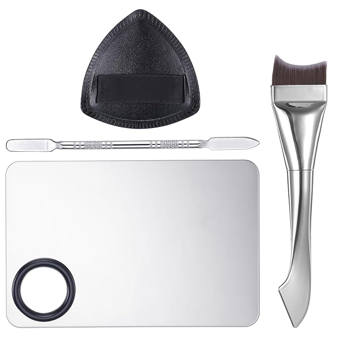 4Pcs Makeup Mixing Palette, Make Up Spatula Tool Including Makeup Mixing Palette Foundation Spatula Tray and Puff for Women Facial Cosmetic Nail Art Pigment Blending