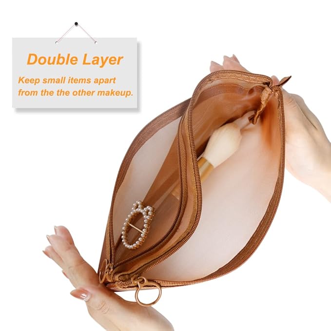 Mesh Cosmetic Bags, 4pcs Nylon Makeup Pouches with Double Zippers for Home Office Purse Diaper Bag (Light Chocolate Brown)