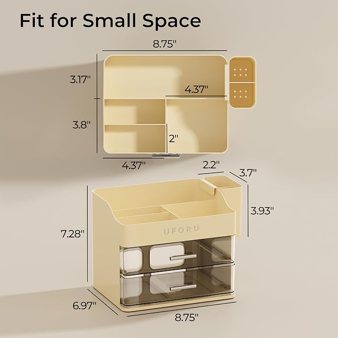 Makeup Organizer for Vanity with Brush Holder, Countertop Skincare Organizer with 2 Drawers, Spacious Cosmetic Display Case for Perfumes, Eyeshadow Palettes, Nail Polishes