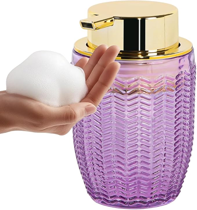 Purple Foaming Soap Dispenser, Glass Foam Hand Soap Dispenser with Gold Pump, Bathroom 10 Oz Refillable Liquid Lotion Pump Container Barrel Shape Bottle for Kitchen Countertop Decor