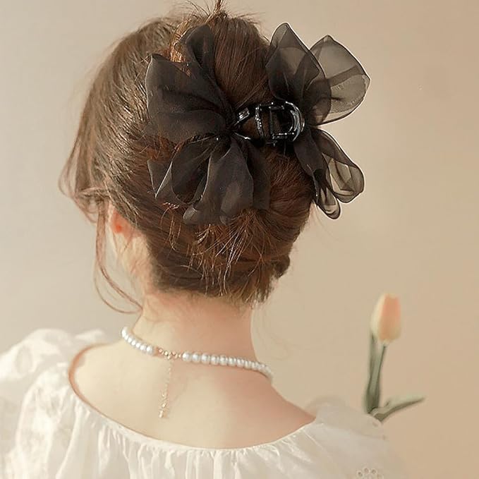 Black Mesh Tulle Bowknot Hair Claw Clips - Large Chiffon Clips for Women's Thick Hair, Elegant Hair Accessories