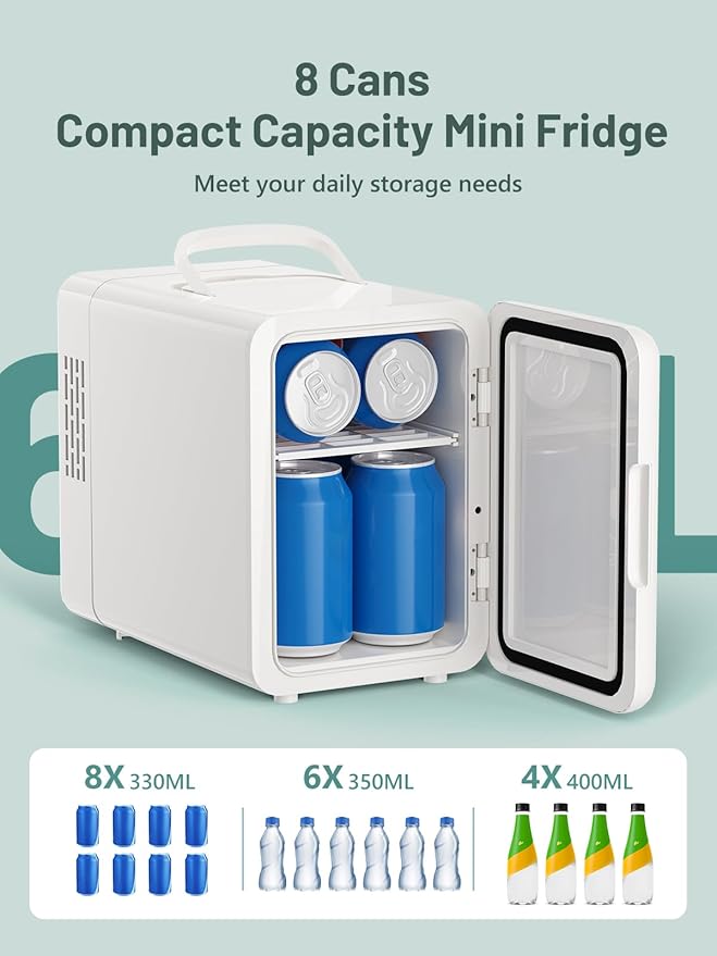 KEENSTAR Mini Fridge, 6 Liter/8 Can Small Fridge, 110V AC/ 12V DC Cooler and Warmer for Bedroom, Cosmetics, Office, Dorm and Car, Portable Personal Refrigerator for Cosmetics, Skincare and Food