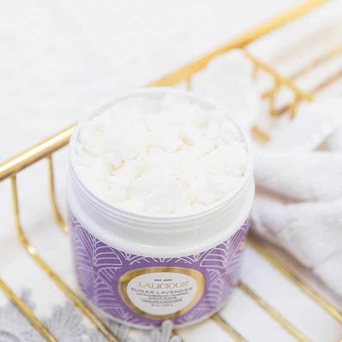 LALICIOUSSugar Kiss Sugar Scrub for Body, Exfoliating Body Scrubs for Women, Moisturizing Body Exfoliator with Coconut Oil & Honey for Radiant Skin, Zero Greasy, No Parabens (Sugar Lavender 2oz)