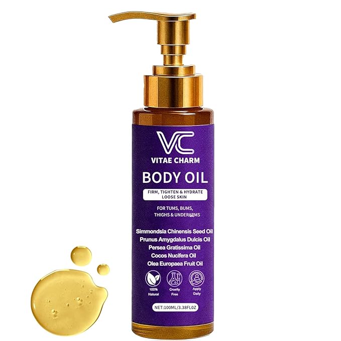 Vitae Charm Body Oil for Crepey Skin Repair, Luxury Cold-Pressed Body Oil for Skin Tightening & Deep Hydration, Blend of Jojoba, Almond & Coconut Oil for Smooth Skin, 3.4 fl oz