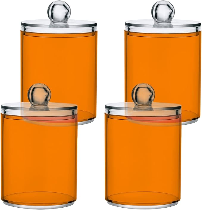 Orange Qtip Holder Organizer Dispenser Cotton Swabs Cans Plastic Jars with Lid Set 2 Pack Bathroom Storage Canister for Cotton Ball Floss Cotton Pads