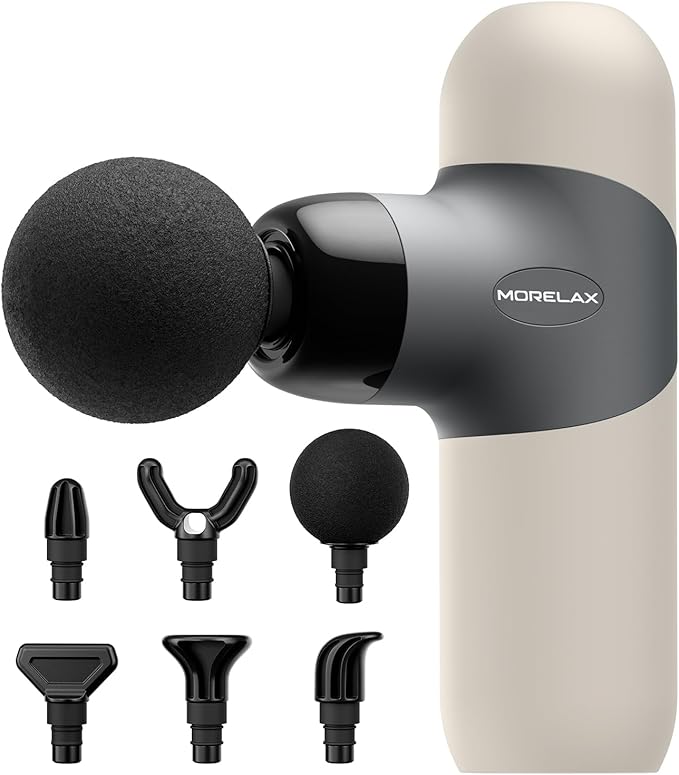 Morelax Mini Massage Gun Portable Deep Tissue Muscle Percussion Massager, Electric Handheld Sport Massager with 6 Massage Heads 4 Speed, Best Gift (Almond)