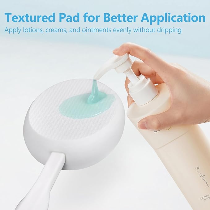 19'' Lotion Applicator for Back, Long White Handle Back Lotion Applicator with Blue Non-Slip Grip & 3 Washable White Pads, Suitable for Sunscreen, Tanning & Moisturizers, for All Ages