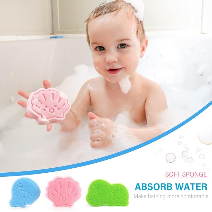 Baby Bath Sponge, Natural Cute Shapes Soft Shower Sponges for Bathing, Bathtub Foam for Infants and Toddler, 3pcs : Blue Dolphin, Pink Shell, Green Turtle