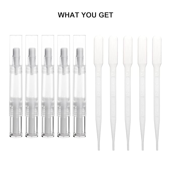 5 pack 5ml Transparent Twist Pen for Cuticle Oil Applicator, Empty Nail Oil Pen with Brush Tip, Eyelash Growth Liquid Tube, Cosmetic Lip Gloss Container (5x)