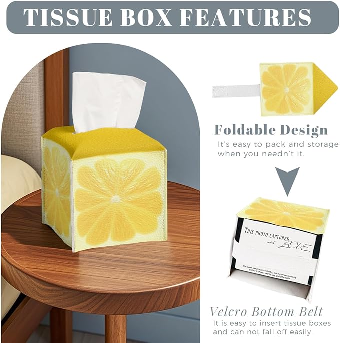 Cute Fruit Tissue Box Cover Funny Yellow Lemon Leather Tissue Box Holder Square Facial Paper Organizer Dispenser for Bathroom Kitchen Bedroom Vanity Countertop Night Stands