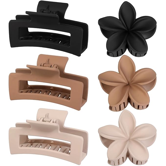 Flower Hair Clips for Women Square Claw Clips for Girls 2 Styles Hair Claw Clips for Thick or Thin Hair 6 PCS Hawaiian Hibiscus Rectangle Large Plumeria Medium Hair Accessories for Women (Brown)