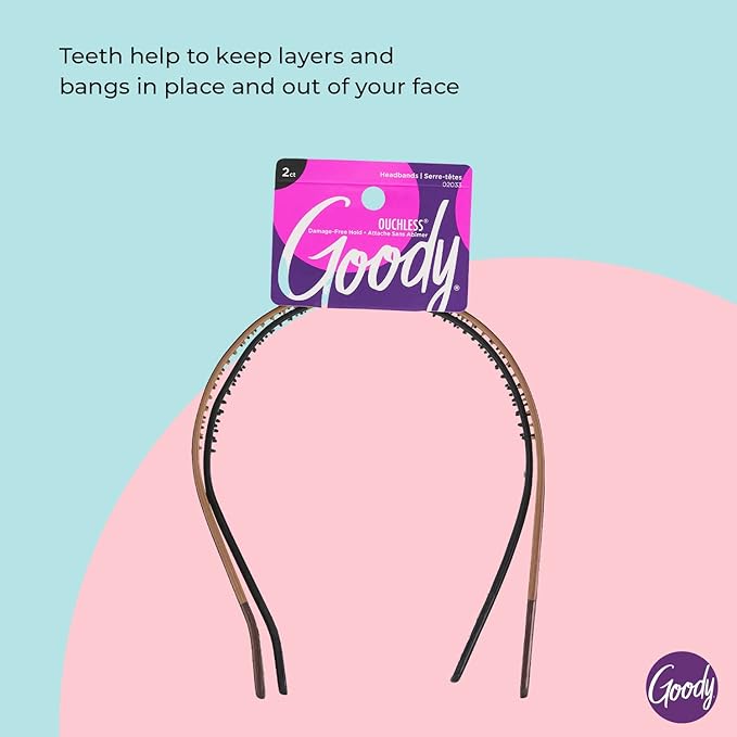 Goody Ouchless Flex Thin Pressure-Free Headband , Assorted Colors - Soft and Strong for a Comfortable Fit - for All Hair Types - Pain-Free Hair Accessories for Women and Girls 2 Count (Pack of 1)
