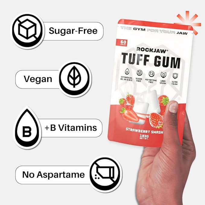 ROCKJAW® Tuff Gum | Ultra-Hard Jawline Chewing Gum for a Sharper Jawline | Vitamin B3, B5, B6 & B12 | 1350mg Xylitol | Sugar-Free | Aspartame-Free | 60 Pieces | Strawberry Smash