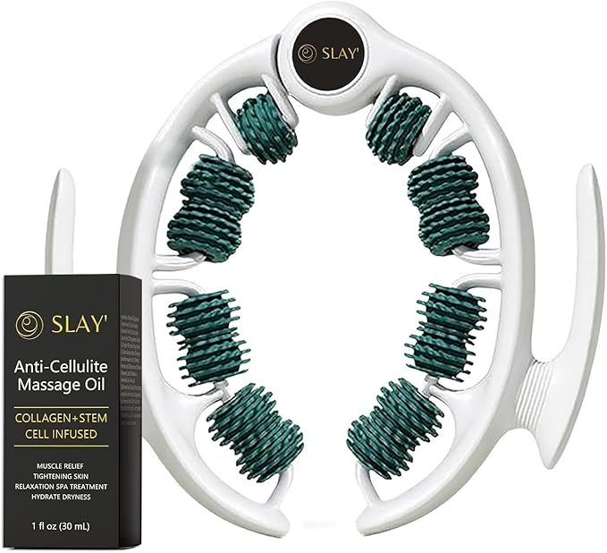 SLAY' Anti Cellulite Massage Roller & Body Oil Bundle, Lymphatic Drainage Roller, Cellulite Remover for Legs and Arms, Deep Tissue Massage Relief, Self Care Gifts, Womans Gifts