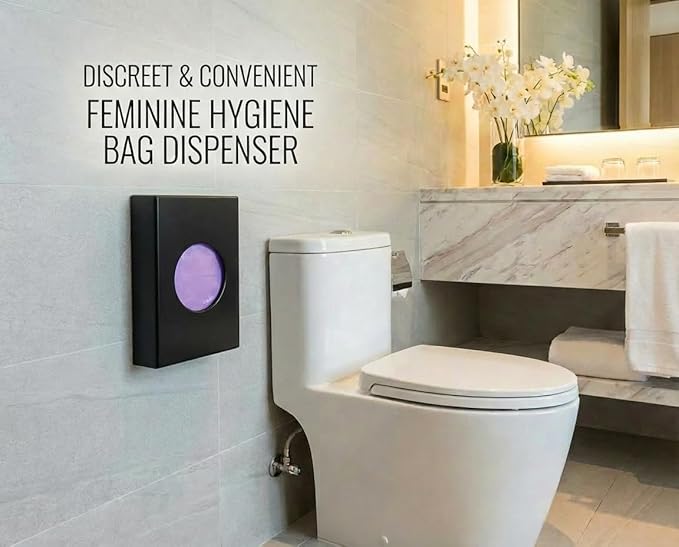 Feminine Hygiene Disposal Bag Dispenser with Refill Bags – Sanitary Napkin & Tampon Disposal System for Restrooms, Midnight Black