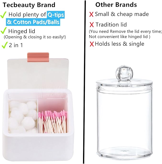 Tecbeauty 2pcs Qtips Holder - Large Cotton Swabs Dispenser Bathroom Canisters Cotton Balls, Pads Storage Container, Hinged Lids, White