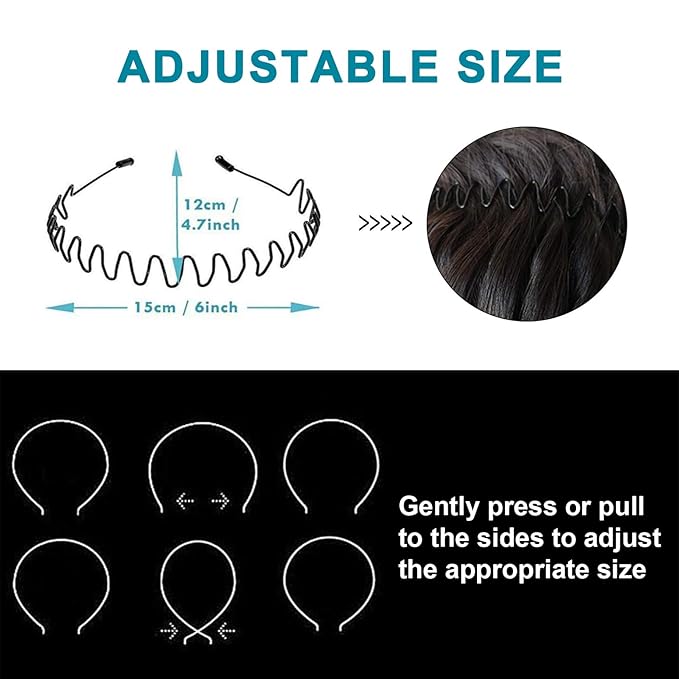 Metal Headband for Men & Women, Adjustable Wavy Zigzag Hair Bands, Non-Slip Elastic Metal Headbands for Sports, Workout, Running, Yoga Comfortable Unisex Hair Hoop (3 Pack)