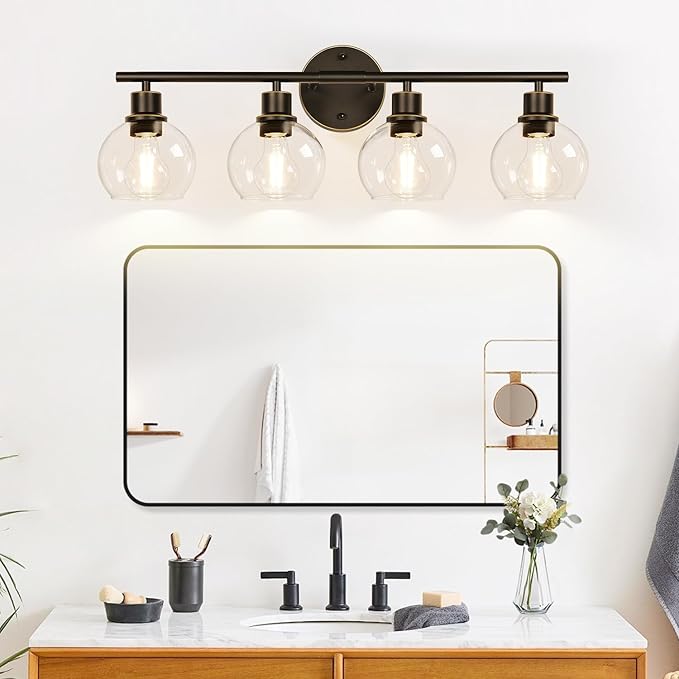 4-Light Bathroom Light Fixtures, Oil Rubbed Bronze Bathroom Lights Over Mirror with Clear Glass Globe Shade, Vanity Lights for Bathroom Kitchen Living Room Hallway Cabinet Bedroom Porch