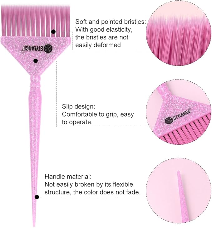 Glitter Hair Dye Brush Set, Hair Color Brush, 3 Sizes Pink Tint Brushes for Professional Hair Coloring, Root Touch-Up & Hair Treatment, Salon & Home Use