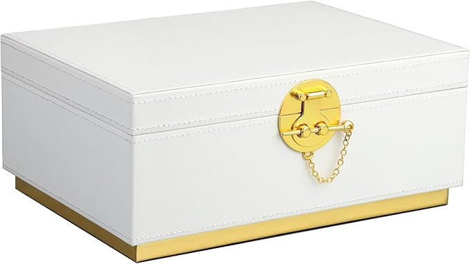 HofferRuffer Elegant Faux Leather Decorative Box, Storage Jewelry Box Organizer, Large Dresser Cosmetic Organizer Holder, Classic Jewelry Accessory Organizer, 11x8x4.8 inches (White)