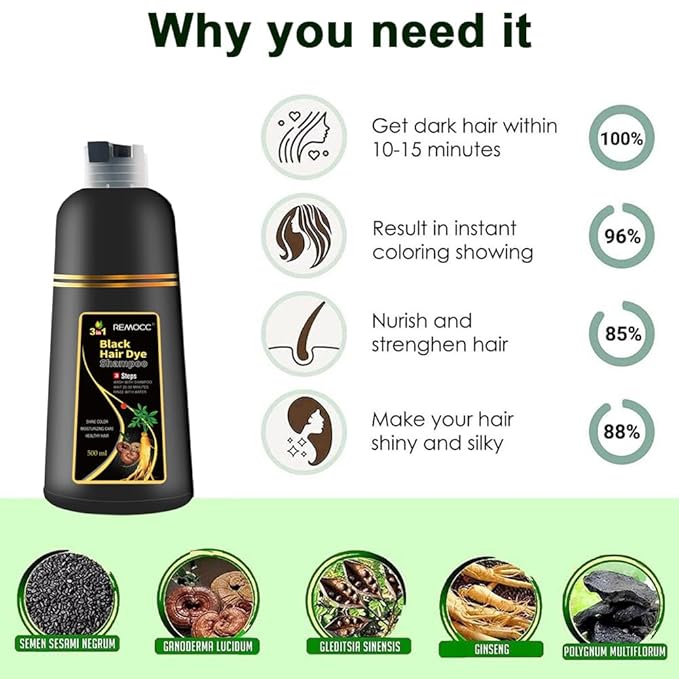 Instant Hair Dye Shampoo for Women Men, Hair Coloring Shampoo for Gray Hair, 500ml Herbal Ingredients 3 in 1 Black Hair Dye - 100% Gray Coverage Coloring in Minutes Hair Dye 16.9 Fl Oz (Black)