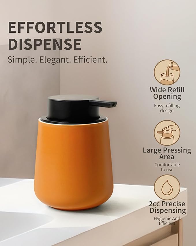 BosilunLife Hand Soap Dispenser - Ceramic Dish Soap Dispenser for Bathroom 12ounce Refillable Liquid Hand Wash Dispenser for Essential Oil, Lotion Soap, Orange