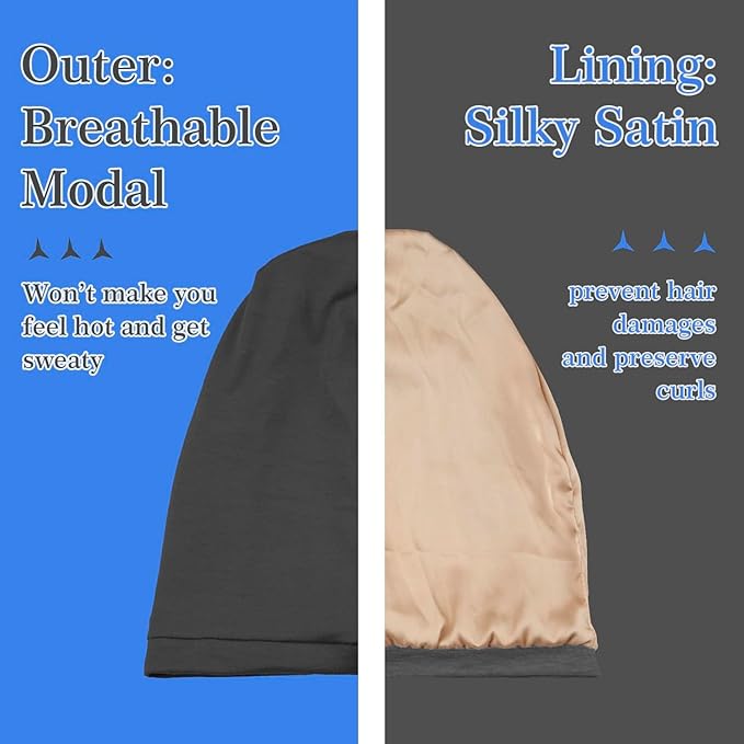 2 Pcs Adjustable Silk Hair Bonnet for Sleeping, Satin Lined Sleep Cap for Women and Men, Silk Hair Wrap Slouch Beanie.