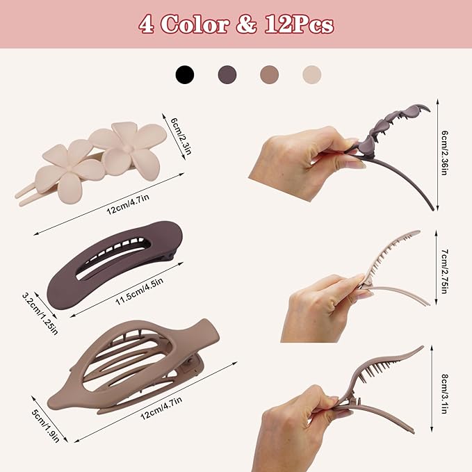 12 Pack Flat Hair Clips Set for Women –Matte Neutral Claw Clips, Flat Barrettes & Flower Hair Pins in Black, Blonde,Light Brown & Dark Brown, Strong Hold Styling Accessories for Thick & Thin Hair