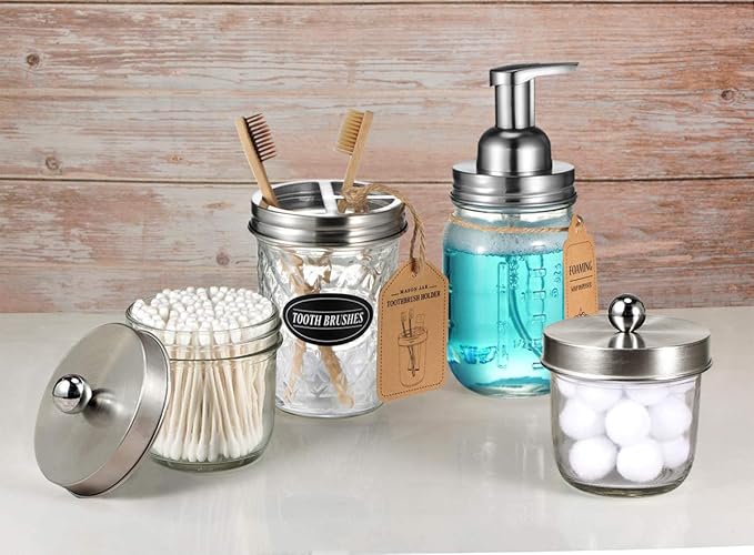 Amolliar Mason Jar Foaming Soap Dispenser, Plastic Soap Pump, Refillable Hand Soap Dispenser for Kitchen, Cute Farmhouse Decor, Dish Soap, Shampoo, Bathroom Soap Accessories, Brushed Nickel 2 Pack
