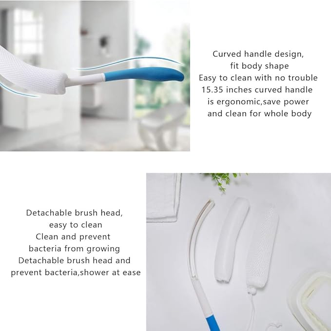 MagiDeal Vinyl Quote Me Long Anti-Slip Curve Handled Bath Body Brush, Easy Reach for Seniors, Suitable for Elderly/Pregnant Aid Bathing & Shower, Blue, 15.35"