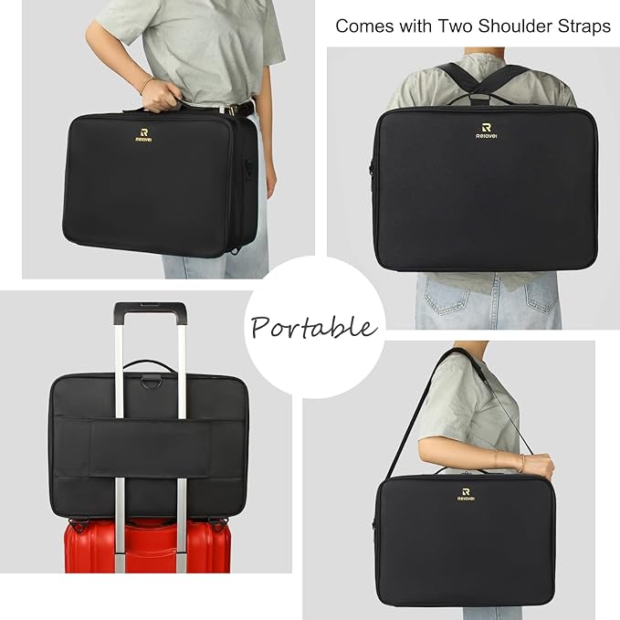Relavel Extra Large Makeup Case, Professional Makeup Artist Bag Double Layer Compartment Cosmetic Travel Organizer Bag Makeup Brush Storage Holder with Adjustable Dividers and Shoulder Strap, Black