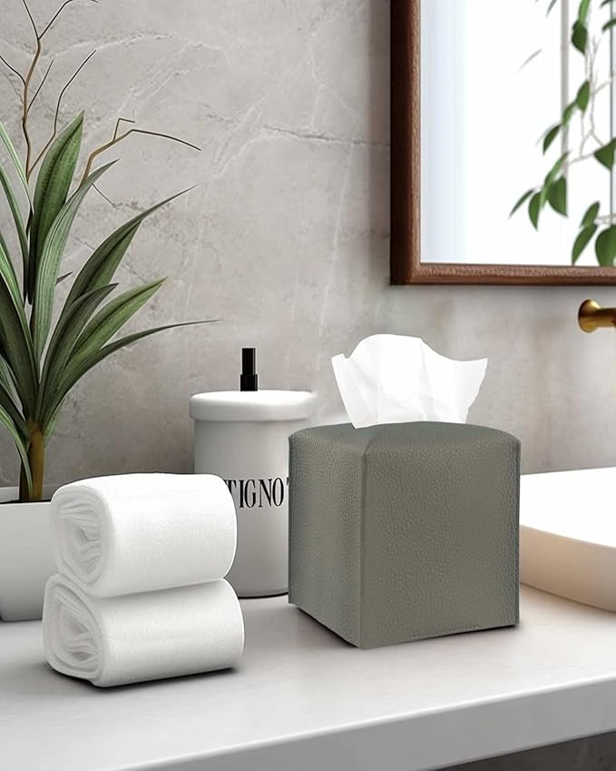 Tissue Box Cover Tissue Holder – Square Leather Tissue Cover Box with Bottom Belt [JESMINI, Dark Grey] Decorative Tissue Box Holder for Bathroom/Night Stands/Office