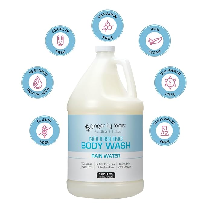 Ginger Lily Farms Club & Fitness Nourishing Body Wash, 100% Vegan & Cruelty-Free, Bath & Shower Gel for Men and Women, Rain Water Scent, 1 Gallon (Pack of 4)