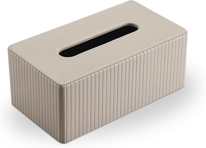KINGFOM PU Leather Tissue Box Cover Rectangular Tissue Box Holder with Magnetic Bottom, Napkin & Facial Tissue Holder Dispenser for Home, Office for Standard 120-count/160-count (2-Ply) Beige Stripe