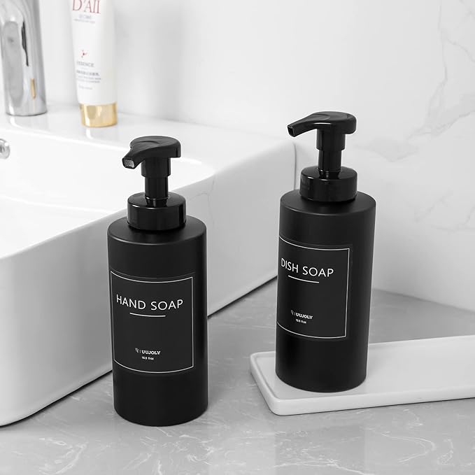 UUJOLY Foaming Soap Dispenser, 17 OZ Refillable Plastic Soap Pump Bottle for Liquid Soap, Shampoo, Body Wash, 2 Pcs, Black