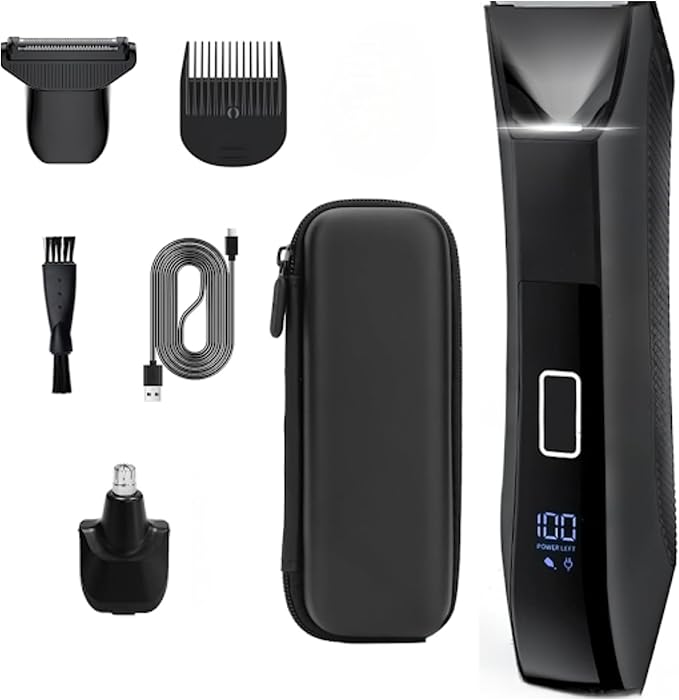 Three-in-One Waterproof Wet/Dry Groomer with Travel Case and Travel Lock, Black, LED Display, Ball Foil Shaver, Nose Hair Clippers, and Groin & Body Hair Trimmer by Paradise Bliss, Black