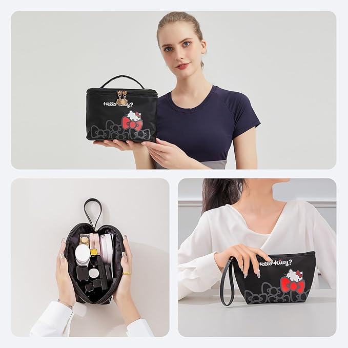 Vimanllie Travel Makeup Bag Large Cosmetic Bags with Brush Holder,Black Waterproof 3PCS Portable Cosmetic Case for Women,Toiletry Bag for Skincare&Beauty Tools for Her