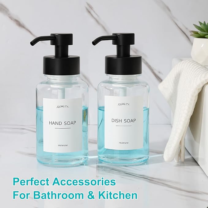 Foaming Hand Soap Dispenser, 14.1 oz/400ml Foaming Soap Dispenser, 2 Pack Glass Foaming Dispenser for Bathroom & Kitchen, Clear Refillable Liquid Dispenser Bottle with Waterproof Labels