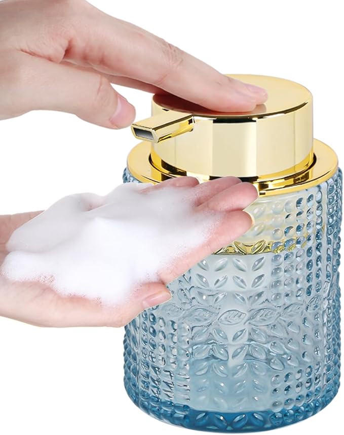 Glass Foaming Soap Dispenser,Foam Dispenser Bottle with Large Pump,Wide-Mouthed and Easy to Press,Refillable Hand Soap Dispenser for Bathroom Countertop and Kitchen Decor (1, Blue)