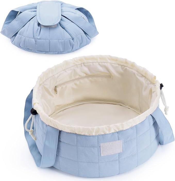 Narwey Lay Flat Open Drawstring Makeup Bag, Large Quilted Cosmetic Bag for Women Girls, Cute Make up Bags with Handle, Portable Travel Toiletry Bag for Skincare, Brushes & Travel Essentials (Blue)