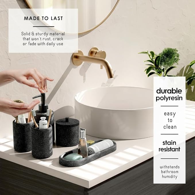 Clara Clark Bathroom Set - Coal Black Bathroom Accessories Set, 5PC Bathroom Accessory Set, Bathroom Sets with Soap Dispenser, Toothbrush Holder, Tumbler, Cotton Swab Jar & Vanity Tray