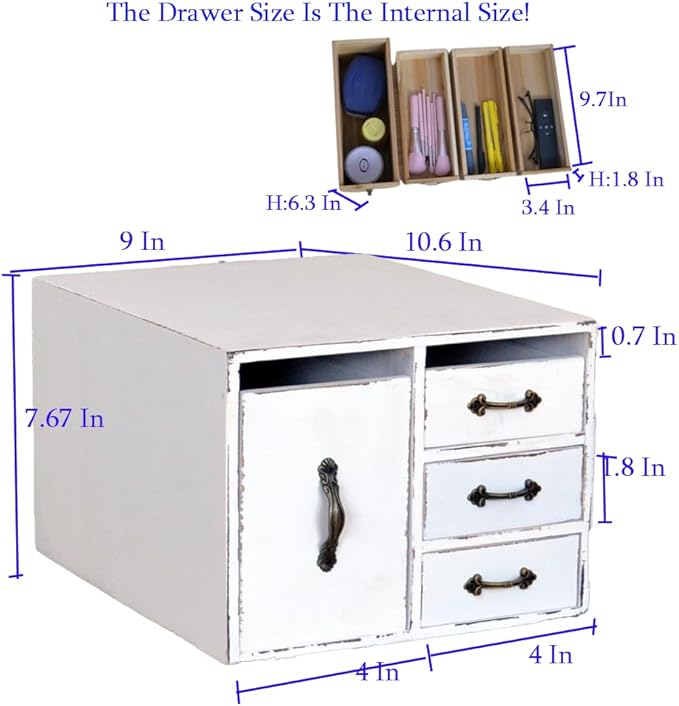 Rustic Distressed Beauty Organizer 4 Drawers - Wooden Cosmetic Storage Box for Neat & Home Office Desk &Organize &Storing of Makeup holder Tools,Bathroom Counter-top (Rustic White, L)