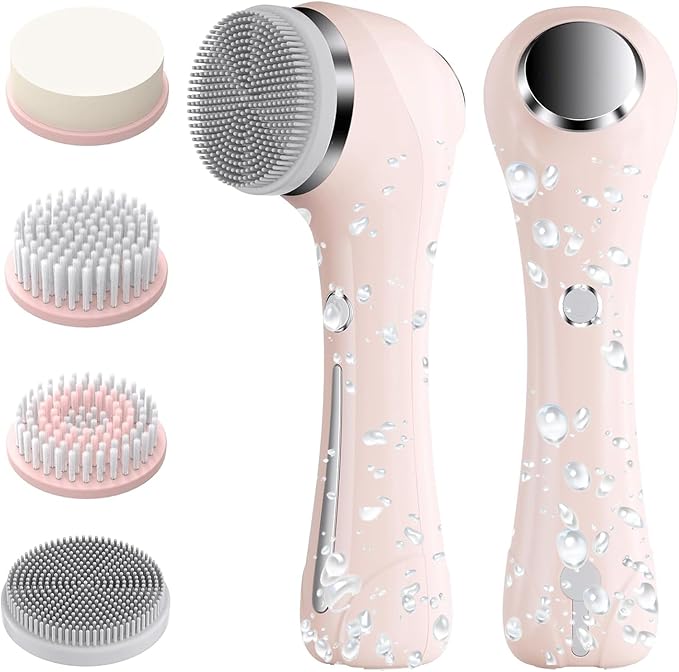 Facial Cleansing Brush, 2 in 1 Ｗaterproof IPx7 Facial Spin Scrubber Set with 4 Brush Heads, Rechargeable Exfoliating Face Brush Deep Cleansing, Gently Exfoliate and Remove Blackhead Pink